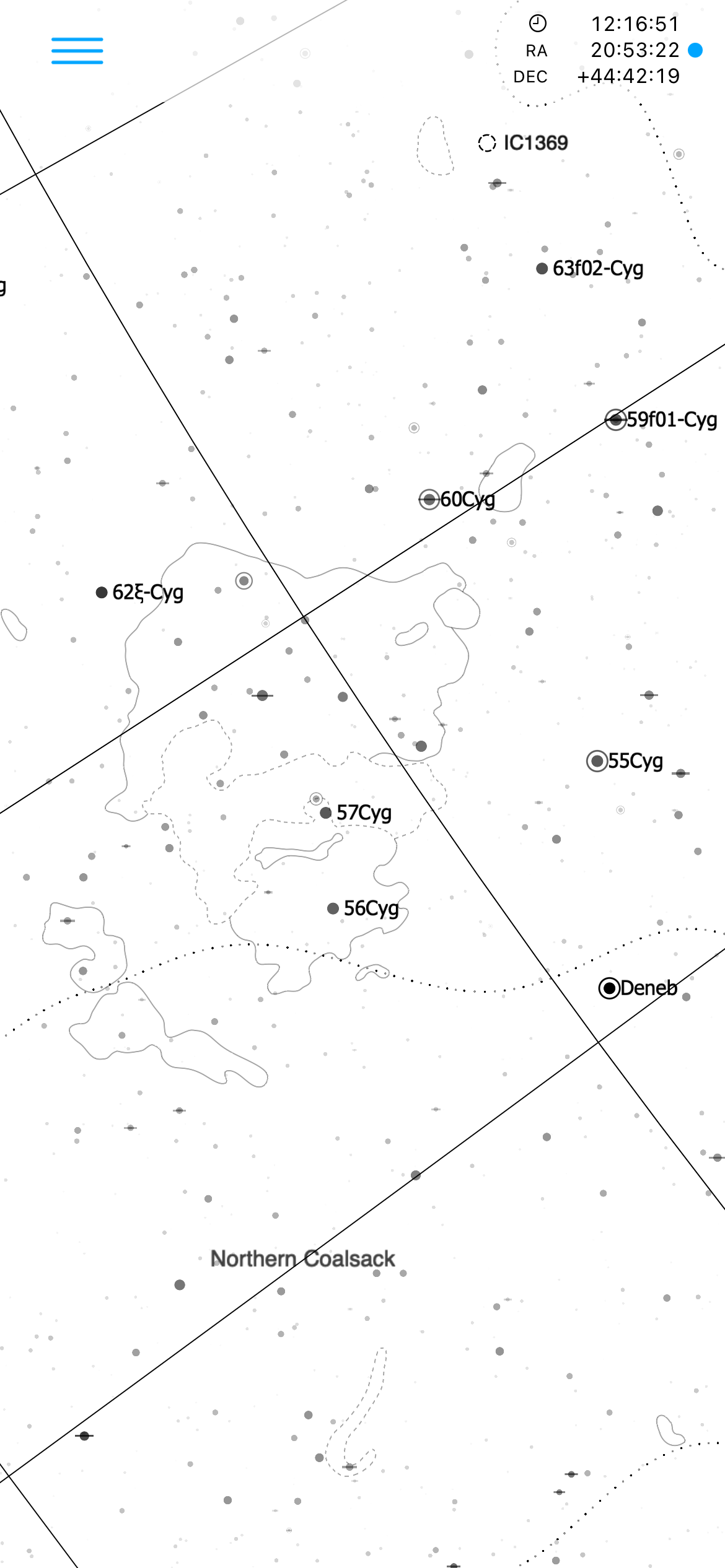 Day map of the Cygnus region showing the Northern Coalsack, dark nebula traces and detailed designations